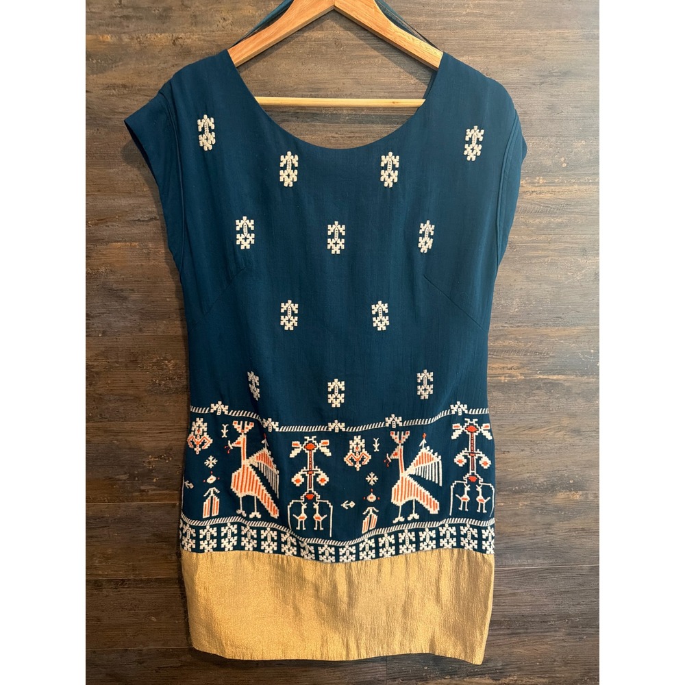 Anthropologie Floreat Teal Blue Embroidered Bird Shift Dress Gold Hem Size‎ 6